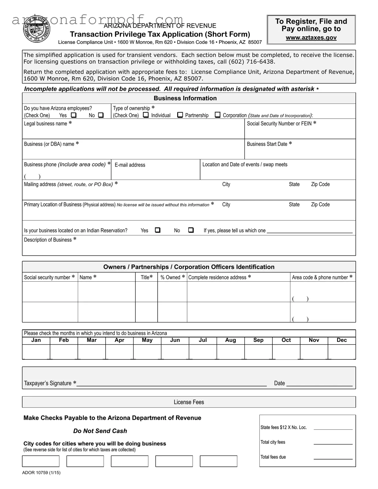 Fill Out Your Ador 10759 Arizona Form