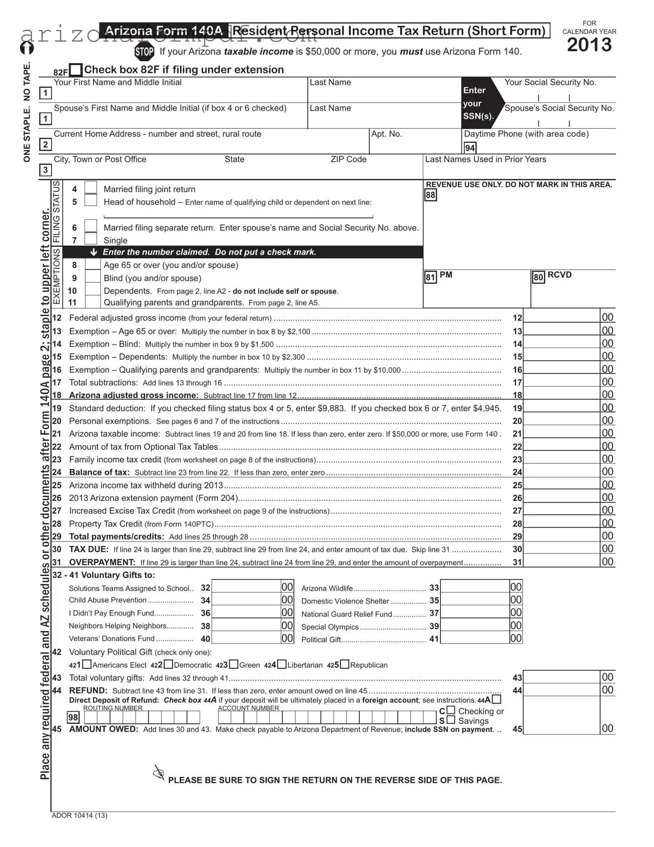Fill Out Your Arizona 140A Form