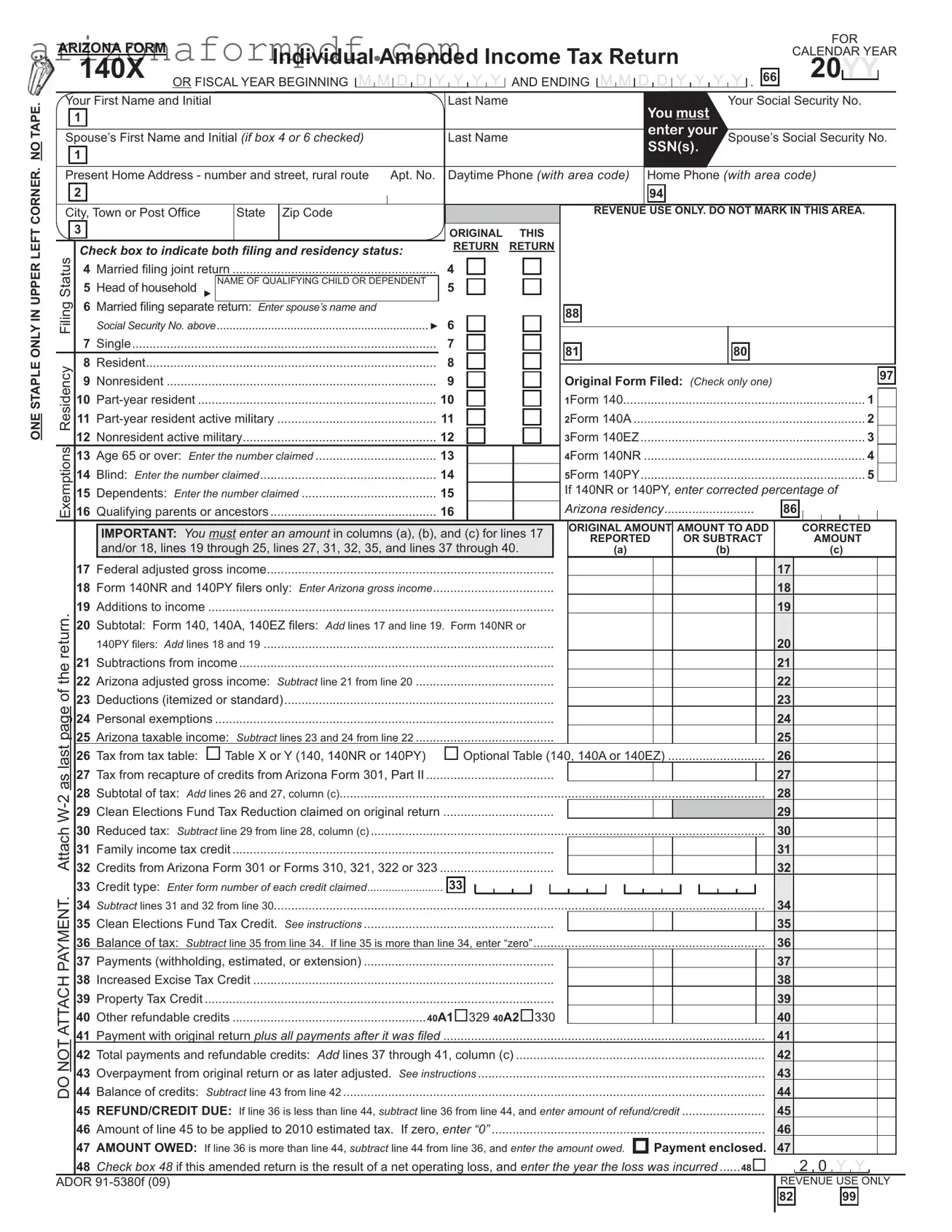 Fill Out Your Arizona 140X Form