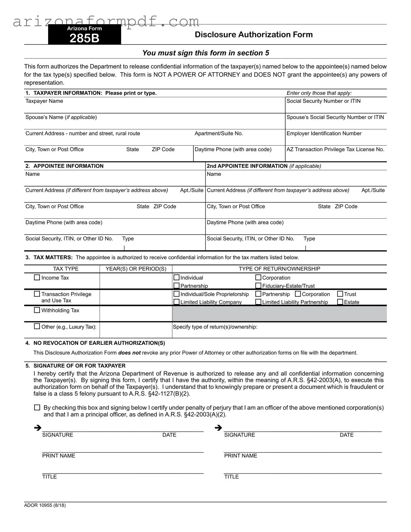 Fill Out Your Arizona 285 Form