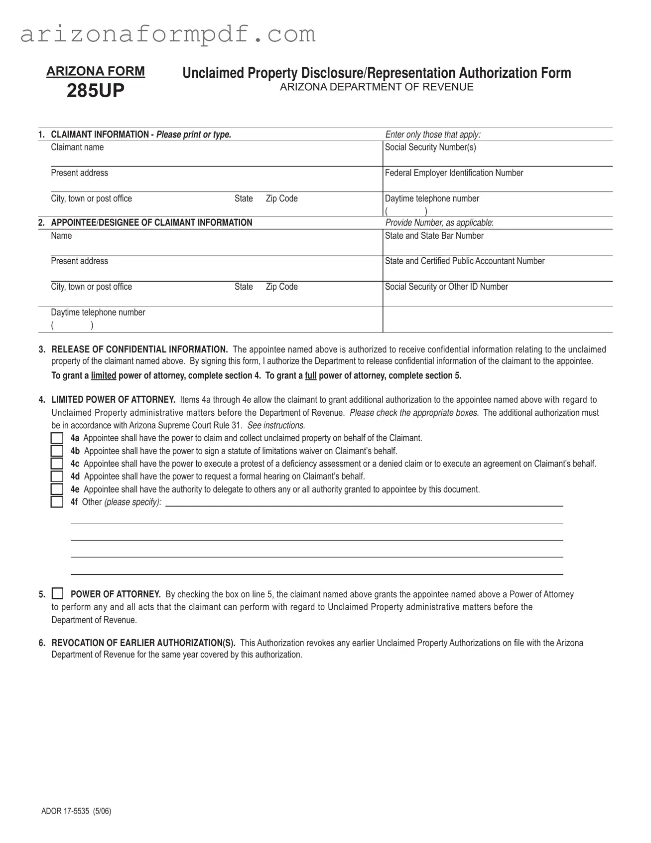 Fill Out Your Arizona 285Up Form