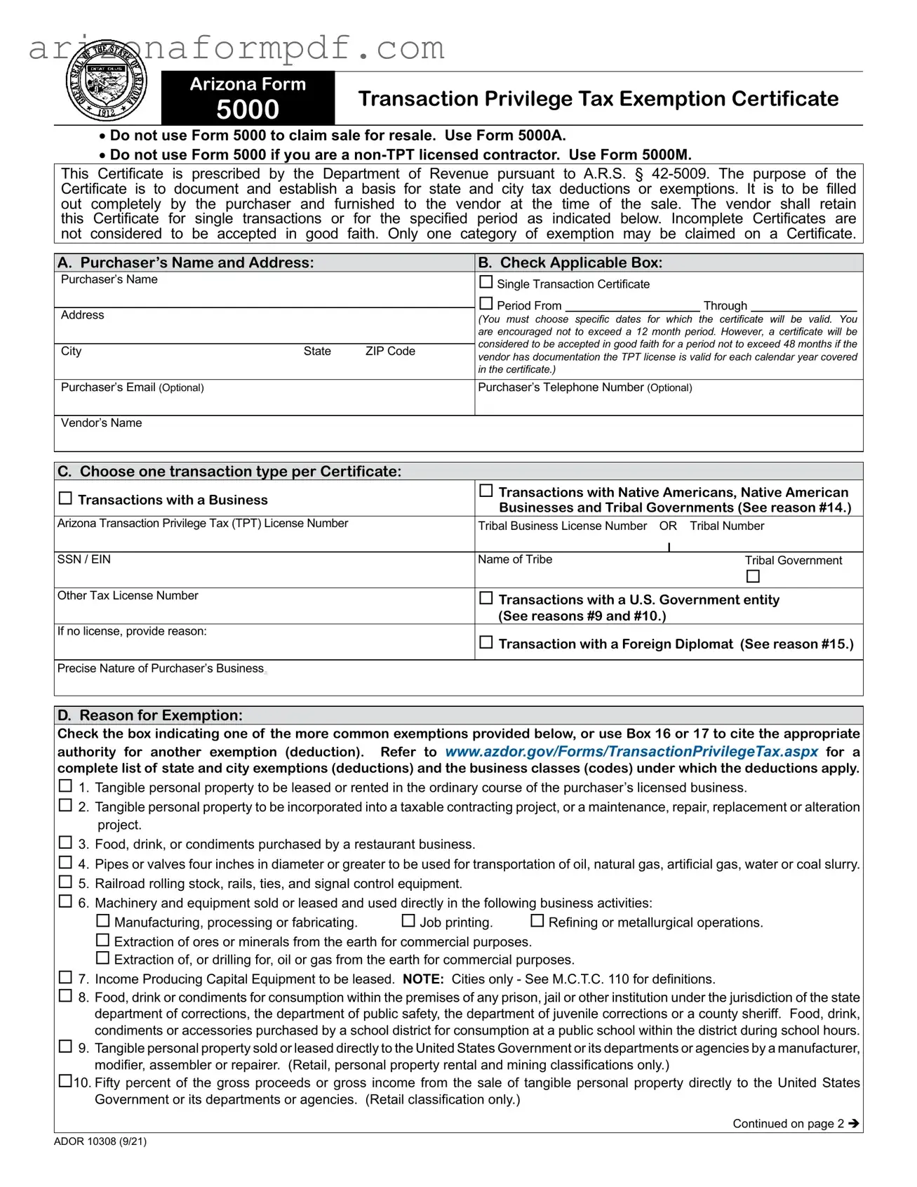 Fill Out Your Arizona 5000 Form
