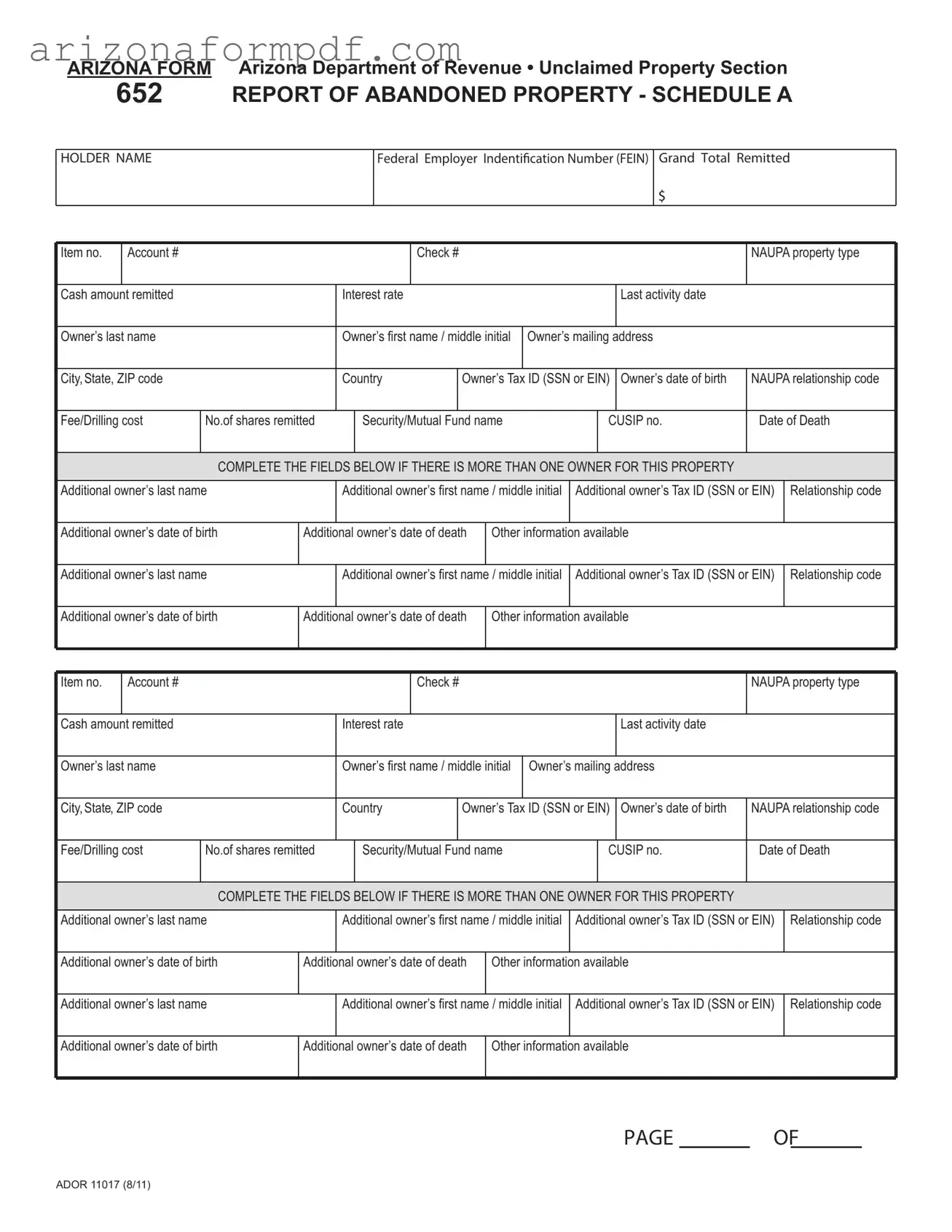 Fill Out Your Arizona 652 Form