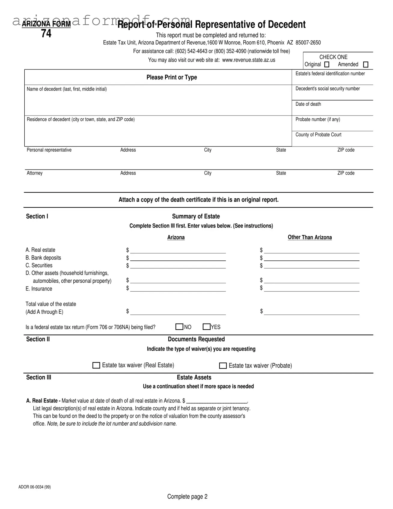 Fill Out Your Arizona 74 Form