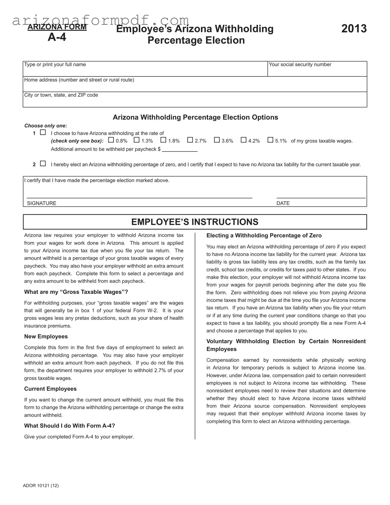 Fill Out Your Arizona A 4 Form
