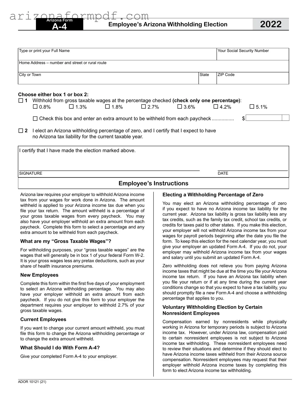 Fill Out Your Arizona A4 Form