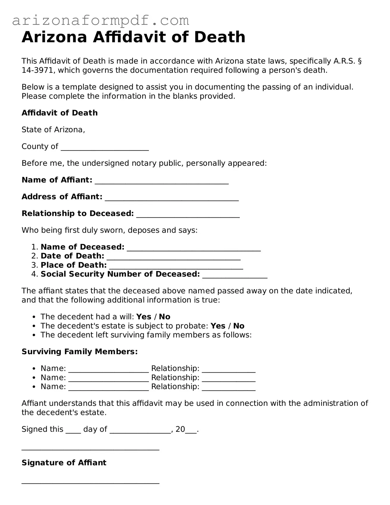 Attorney-Verified Affidavit of Death Document for the State of Arizona