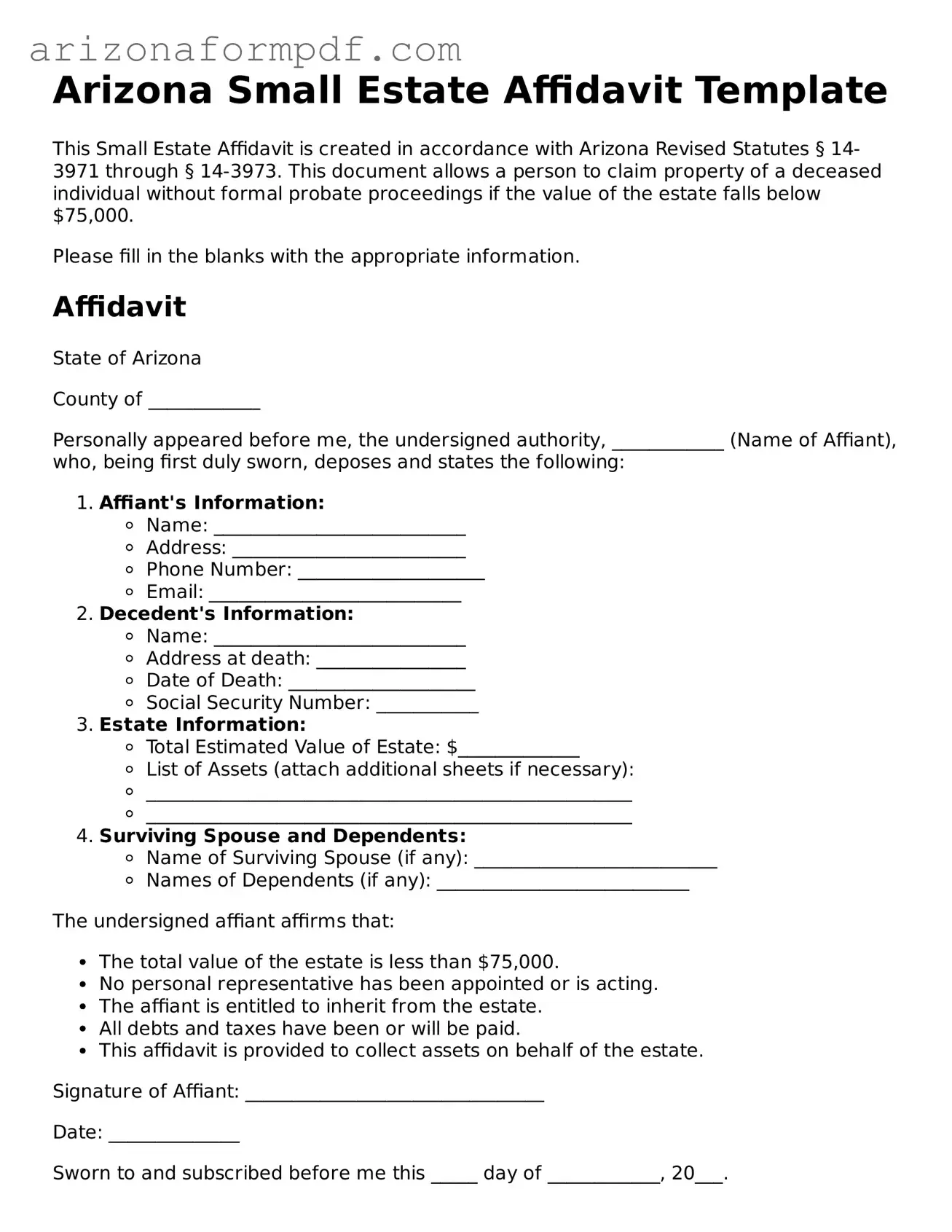 Attorney-Verified Small Estate Affidavit Document for the State of Arizona