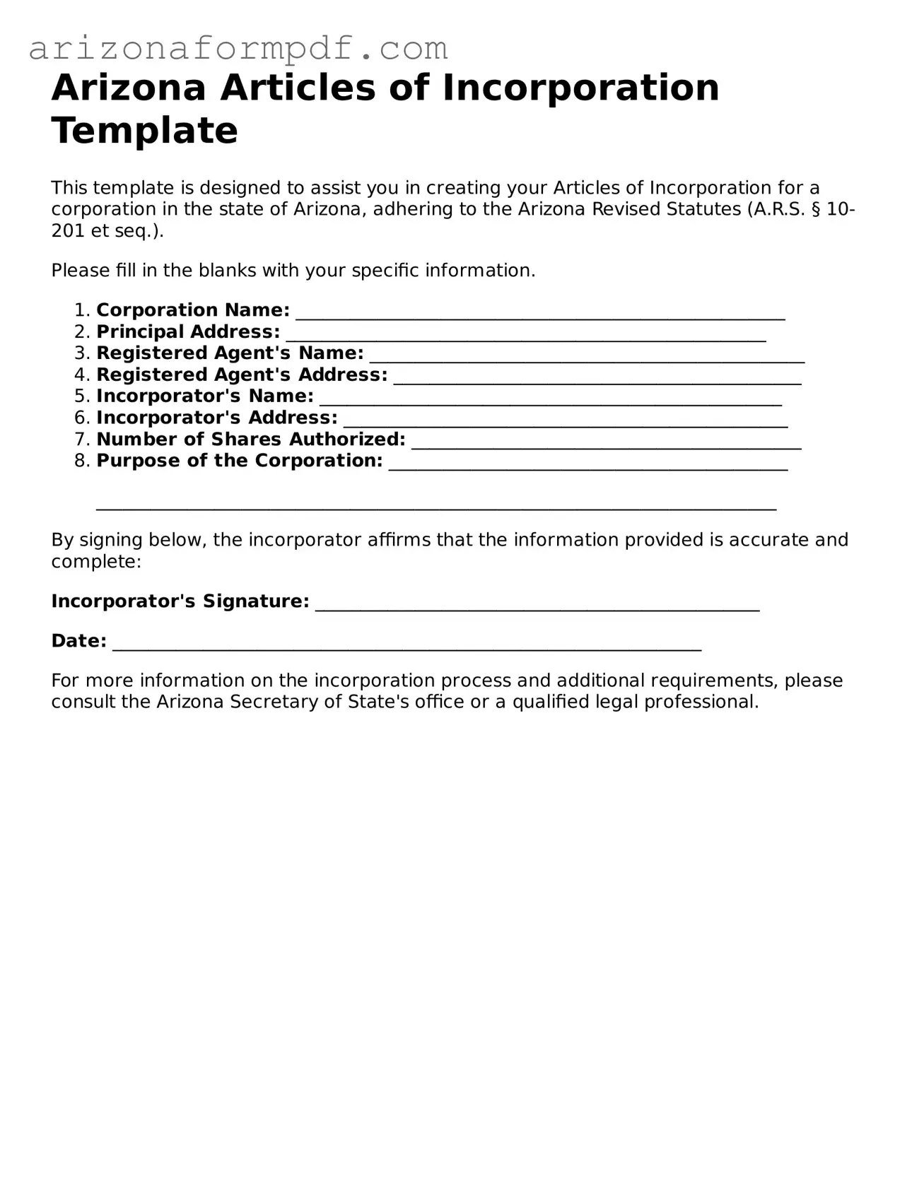 Attorney-Verified Articles of Incorporation Document for the State of Arizona