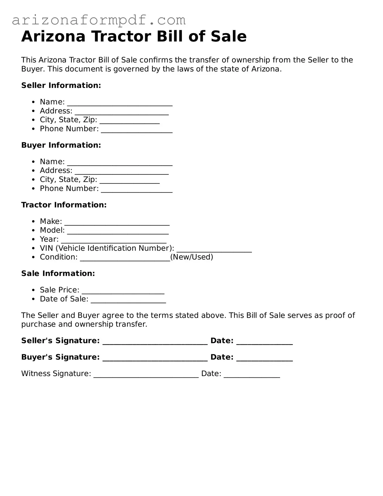 Attorney-Verified Tractor Bill of Sale Document for the State of Arizona