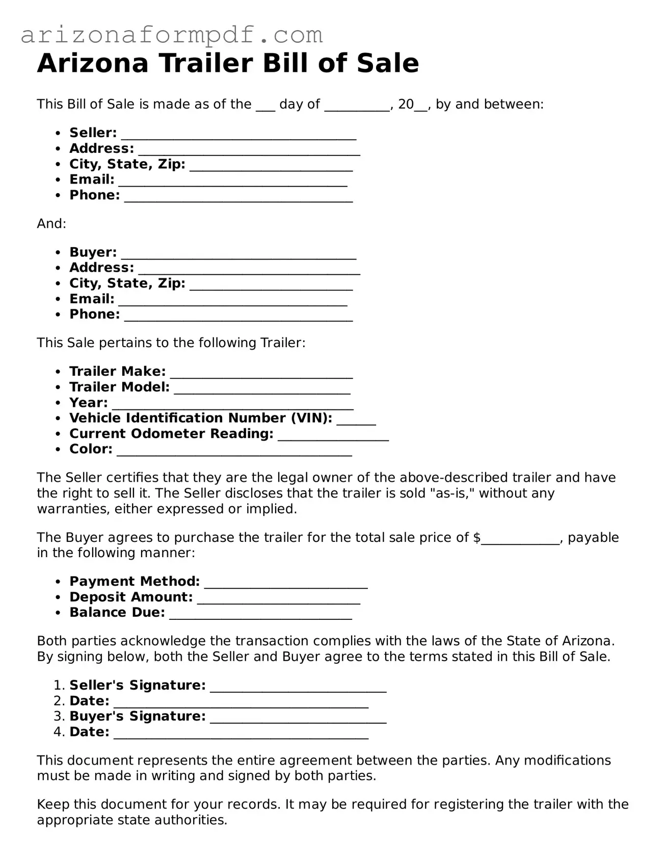 Attorney-Verified Trailer Bill of Sale Document for the State of Arizona
