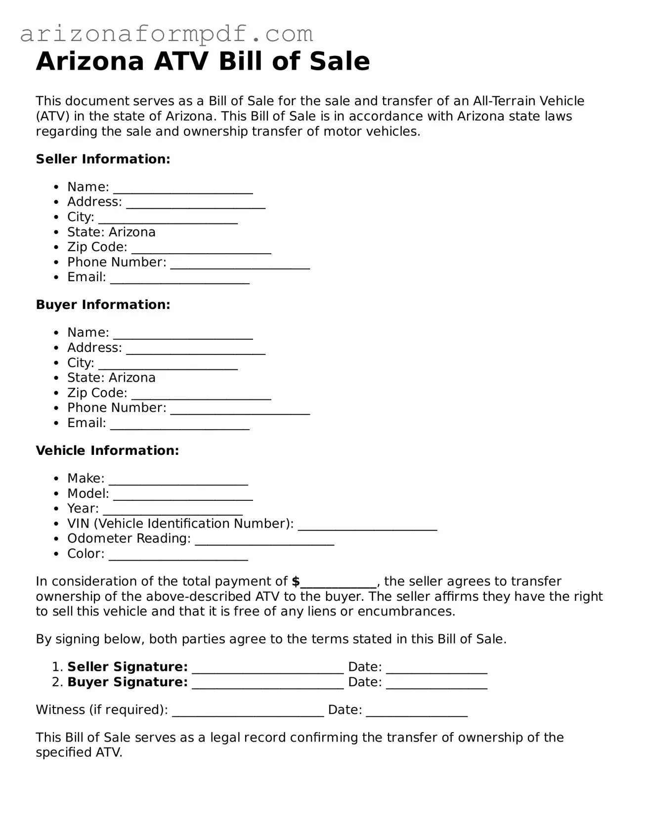 Attorney-Verified ATV Bill of Sale Document for the State of Arizona