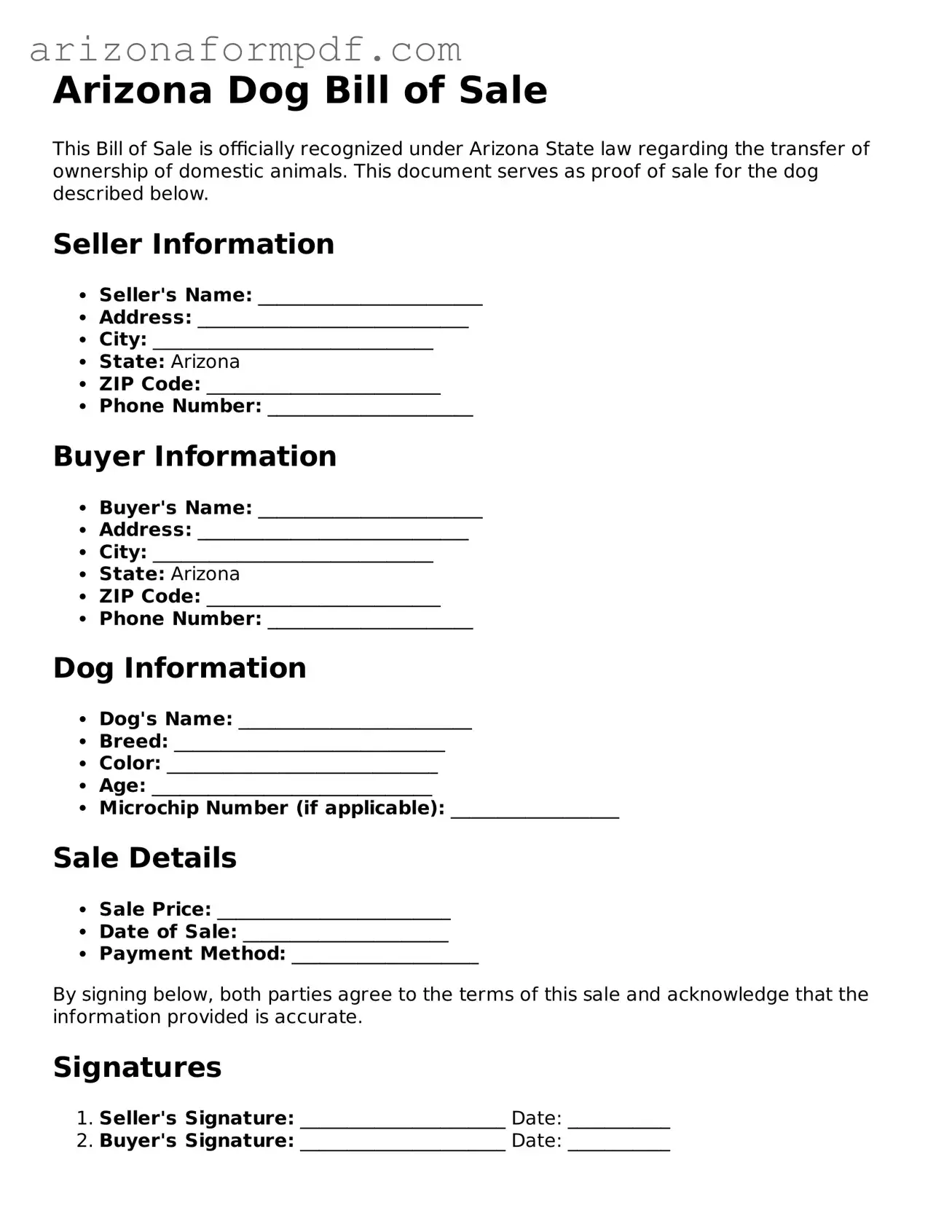 Attorney-Verified Dog Bill of Sale Document for the State of Arizona