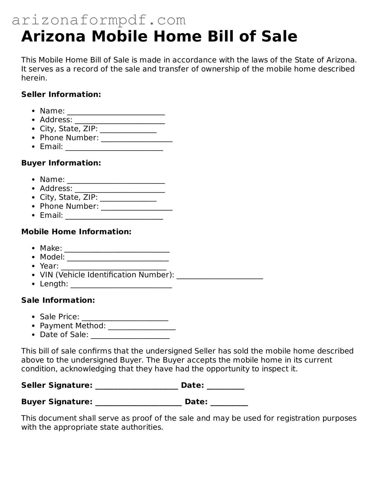 Attorney-Verified Mobile Home Bill of Sale Document for the State of Arizona