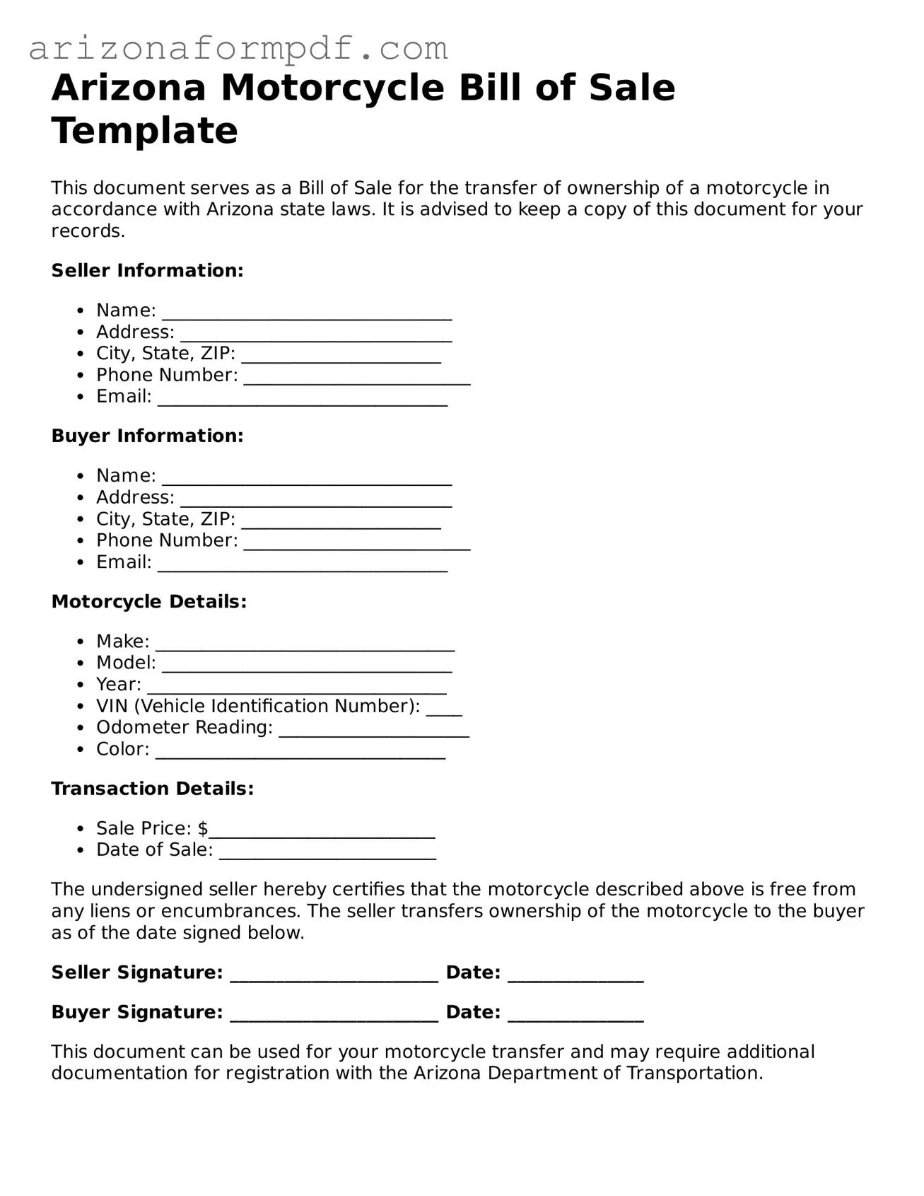 Attorney-Verified Motorcycle Bill of Sale Document for the State of Arizona