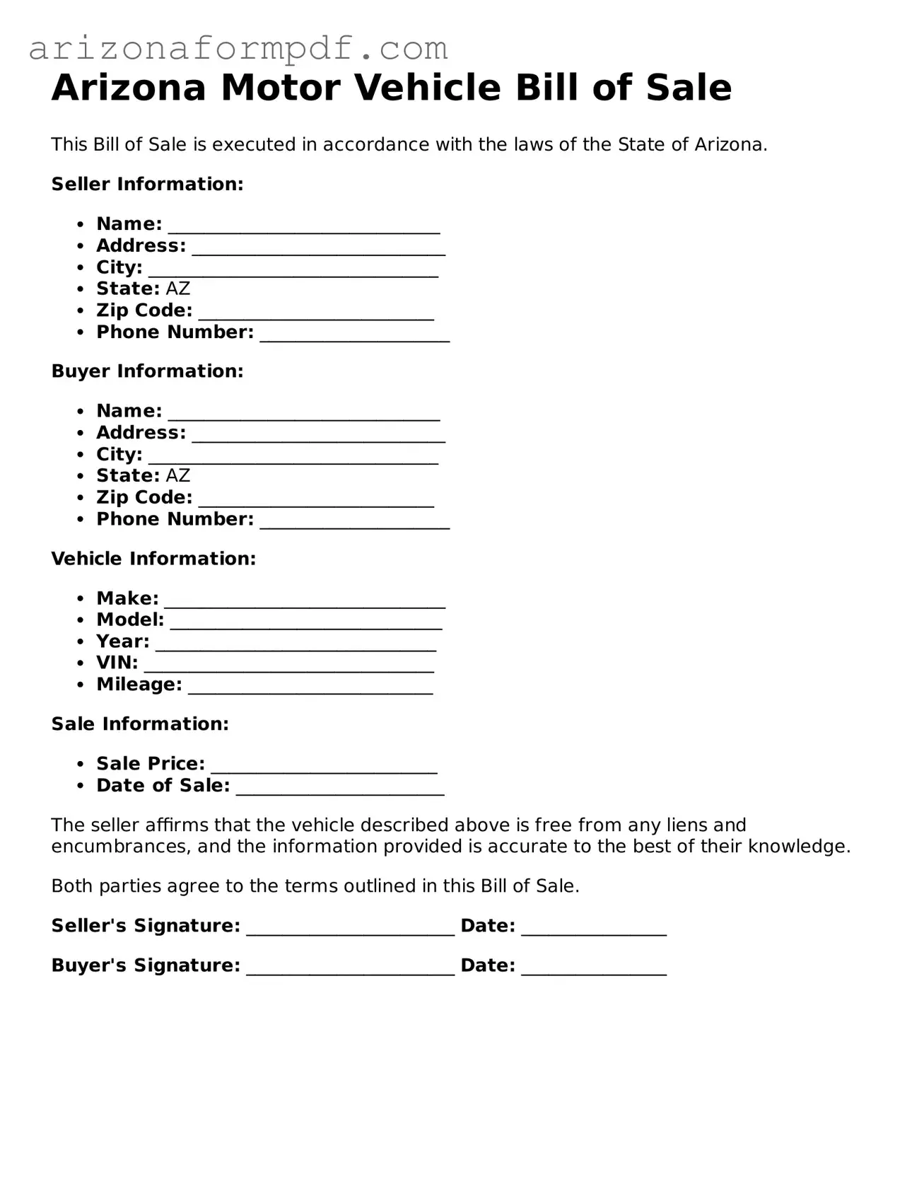 Attorney-Verified Motor Vehicle Bill of Sale Document for the State of Arizona