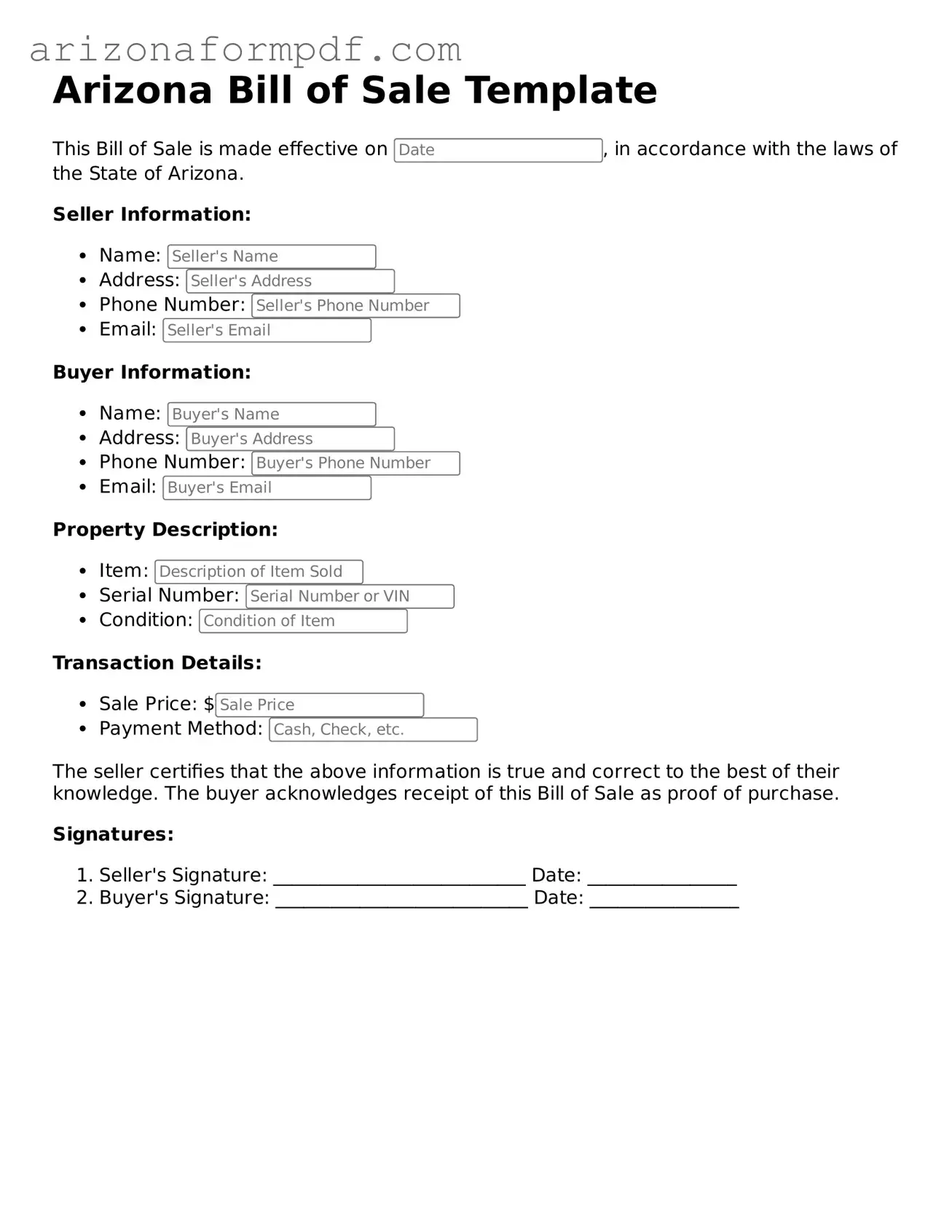 Attorney-Verified Bill of Sale Document for the State of Arizona