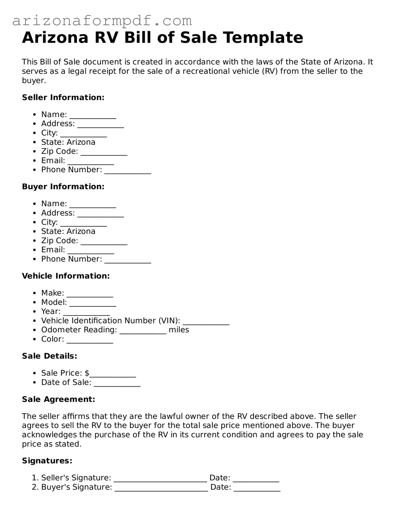 Attorney-Verified RV Bill of Sale Document for the State of Arizona