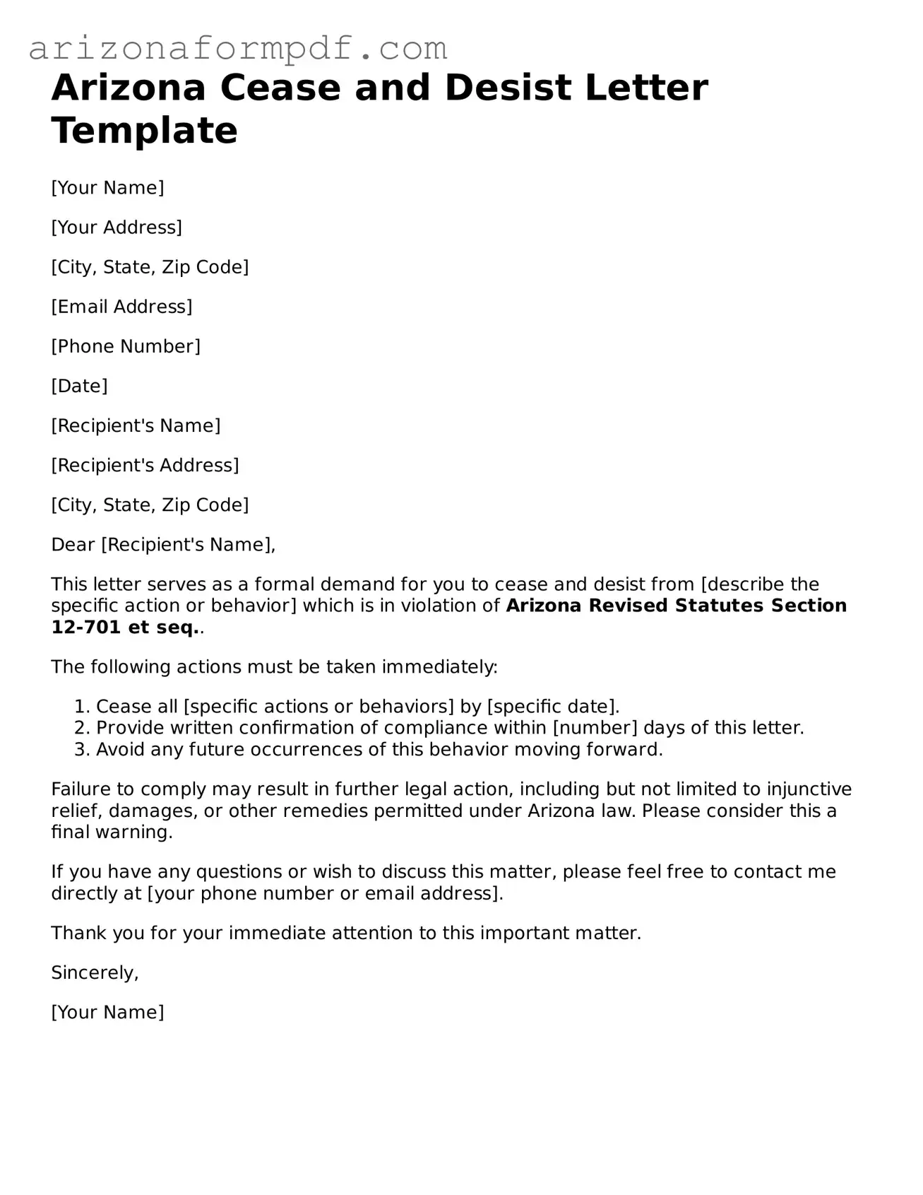 Attorney-Verified Cease and Desist Letter Document for the State of Arizona