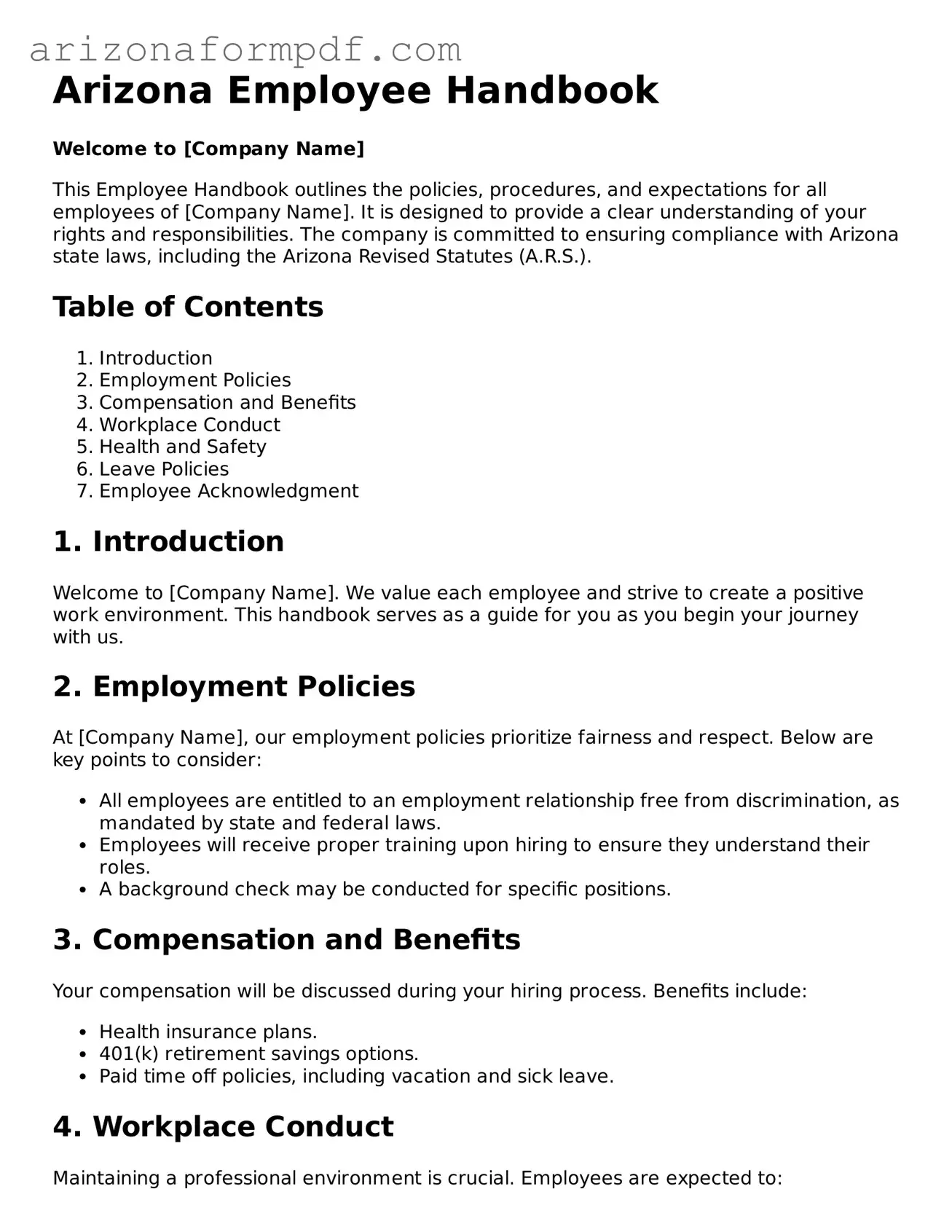 Attorney-Verified Employee Handbook Document for the State of Arizona