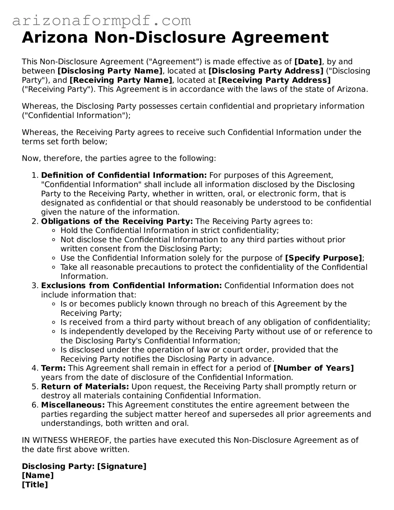 Attorney-Verified Non-disclosure Agreement Document for the State of Arizona