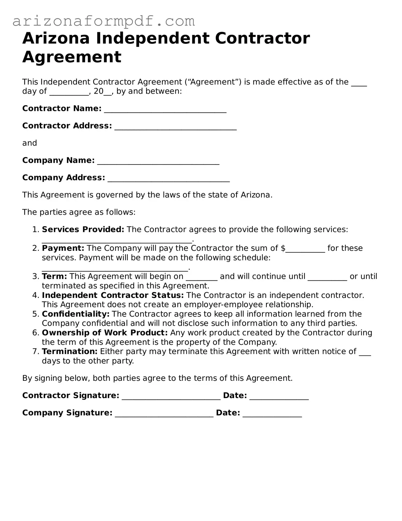 Attorney-Verified Independent Contractor Agreement Document for the State of Arizona