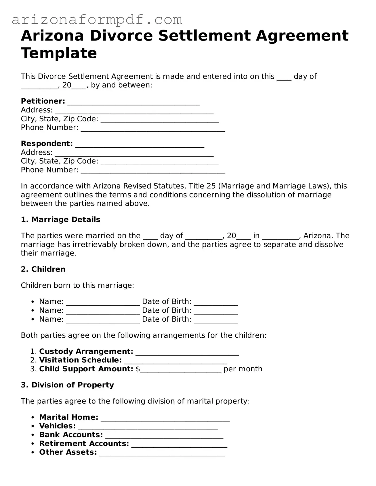 Attorney-Verified Divorce Settlement Agreement Document for the State of Arizona