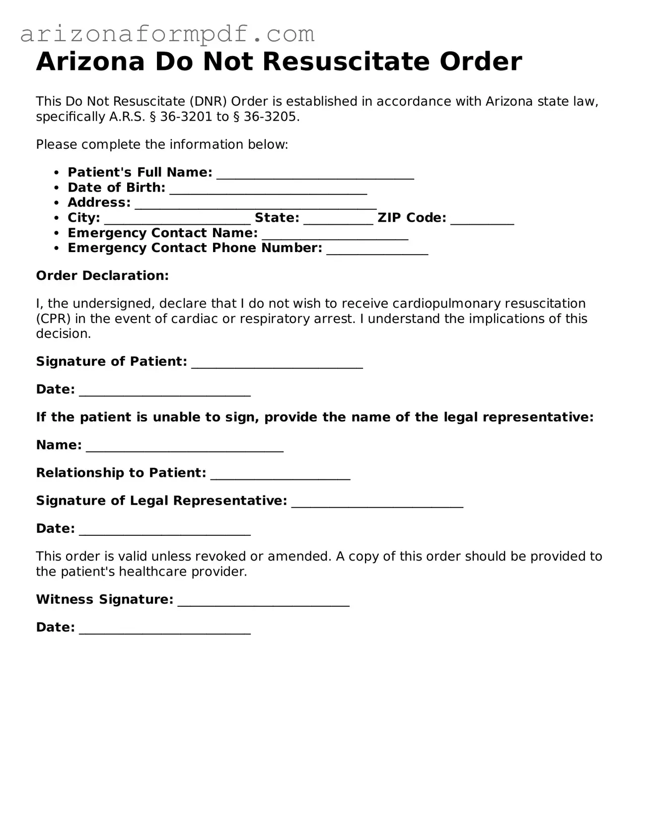 Attorney-Verified Do Not Resuscitate Order Document for the State of Arizona