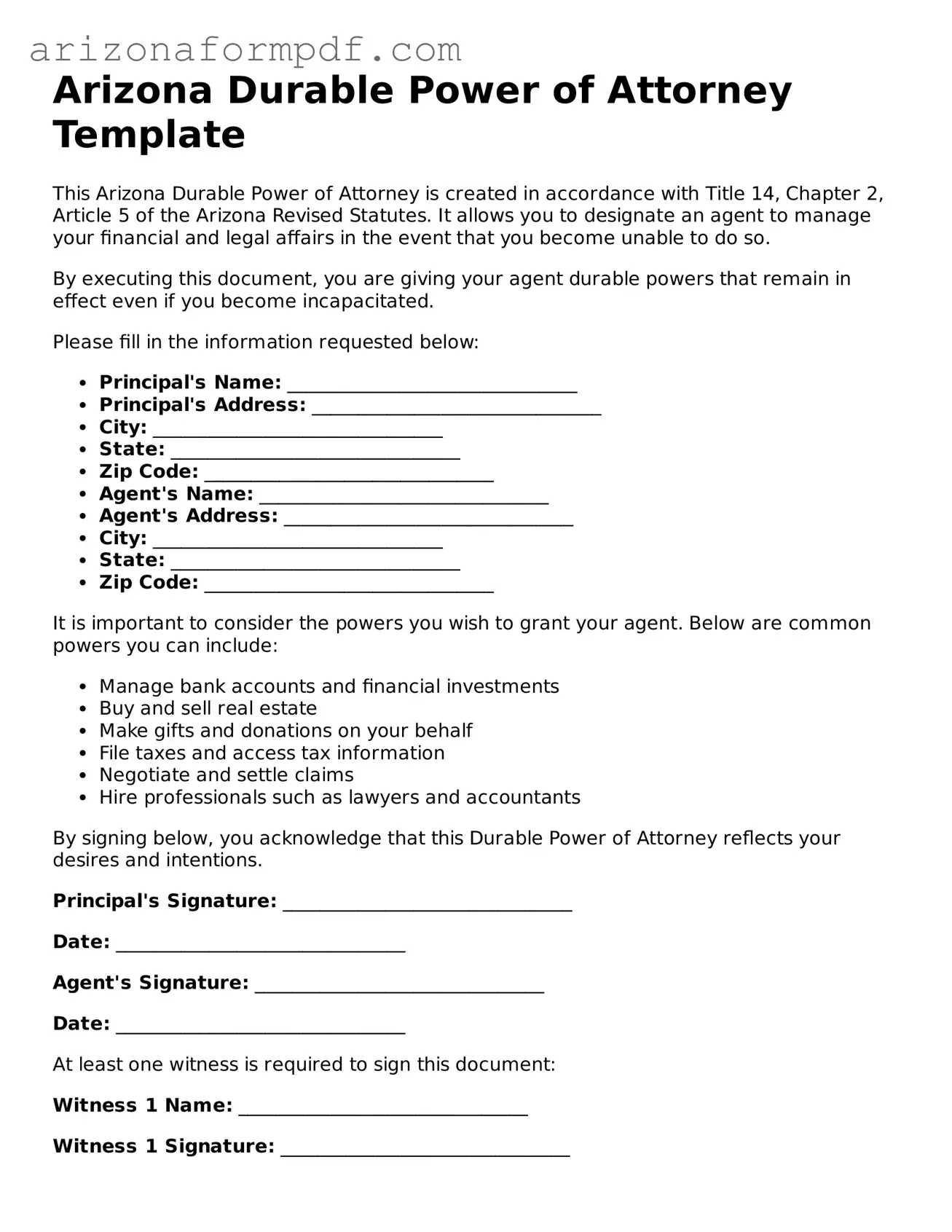 Attorney-Verified Durable Power of Attorney Document for the State of Arizona