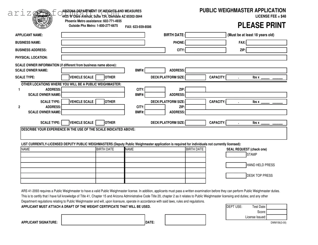 Fill Out Your Arizona Dwm156 Form