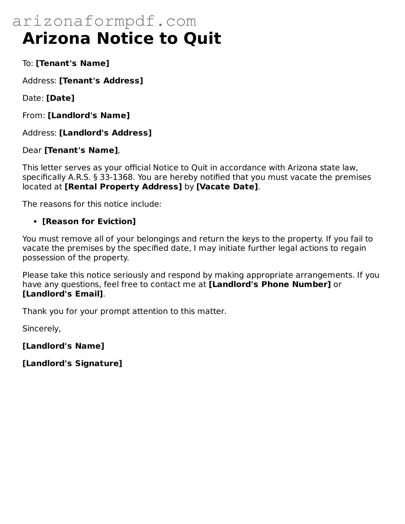 Attorney-Verified Notice to Quit Document for the State of Arizona