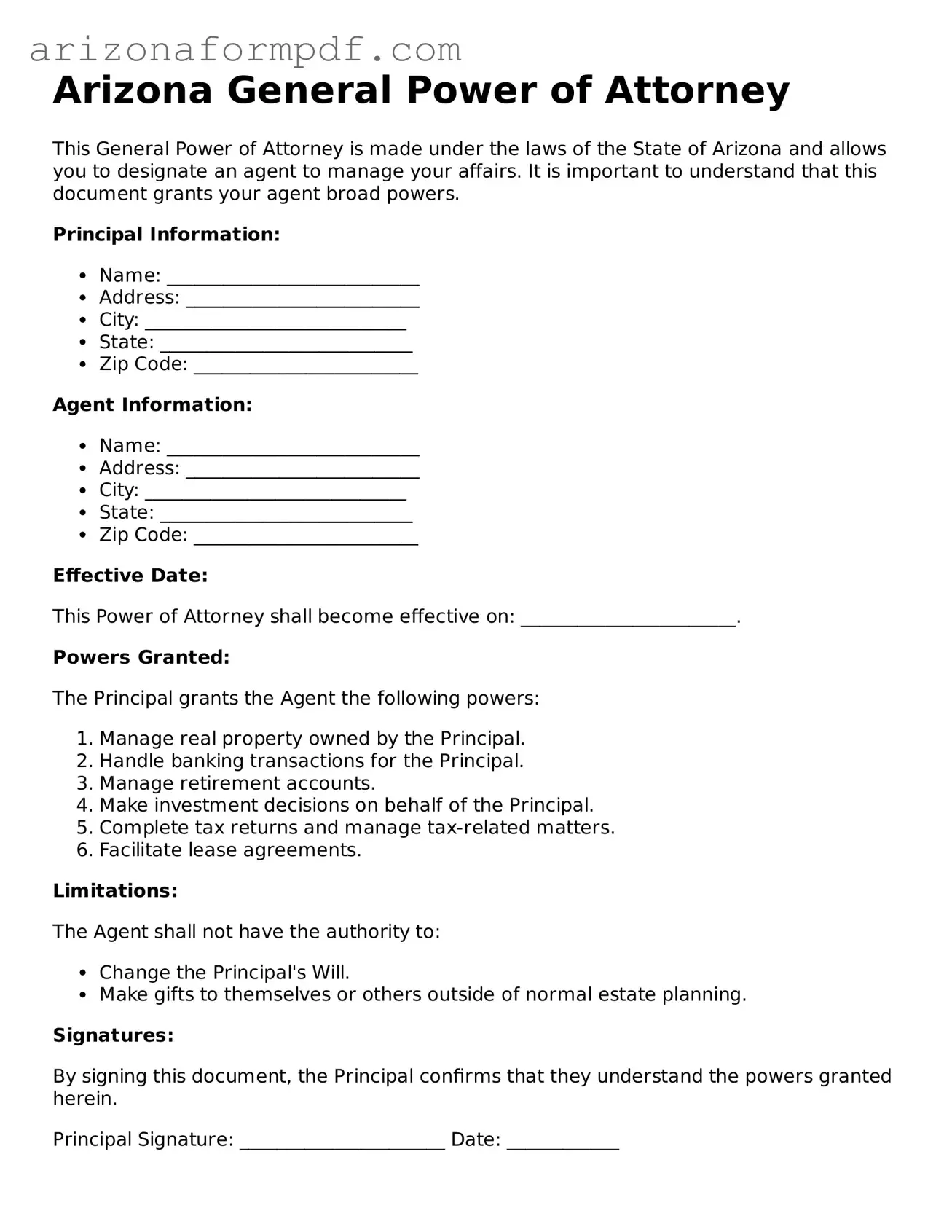 Attorney-Verified General Power of Attorney Document for the State of Arizona
