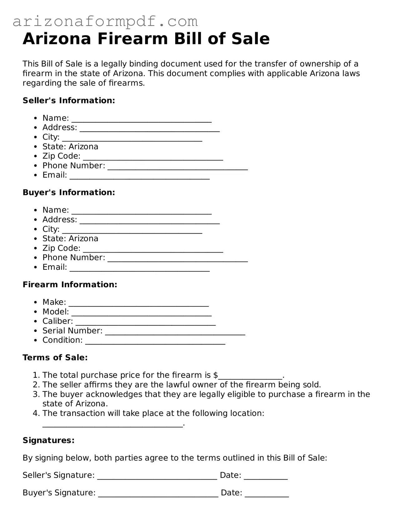 Attorney-Verified Firearm Bill of Sale Document for the State of Arizona