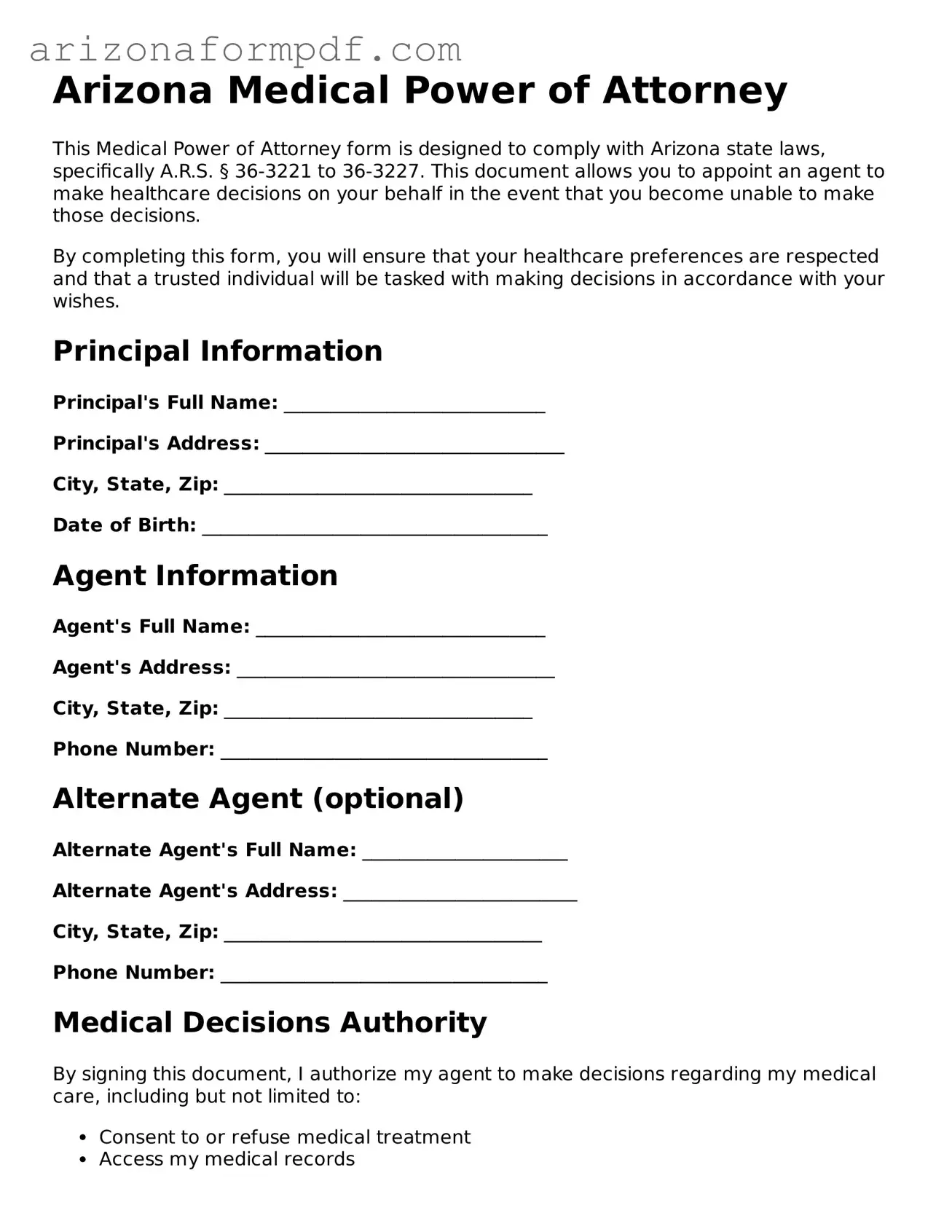 Attorney-Verified Medical Power of Attorney Document for the State of Arizona