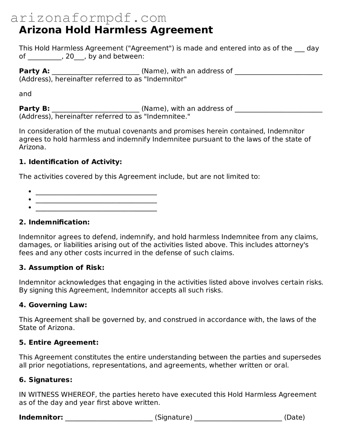 Attorney-Verified Hold Harmless Agreement Document for the State of Arizona