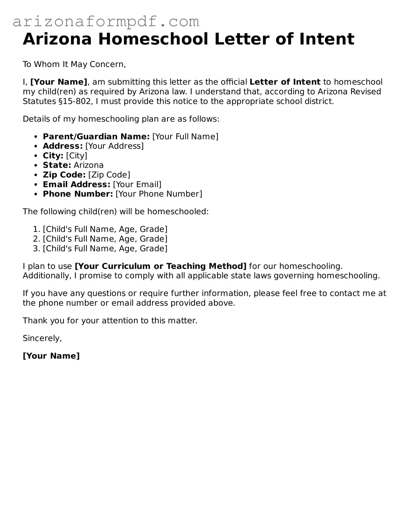 Attorney-Verified Homeschool Letter of Intent Document for the State of Arizona