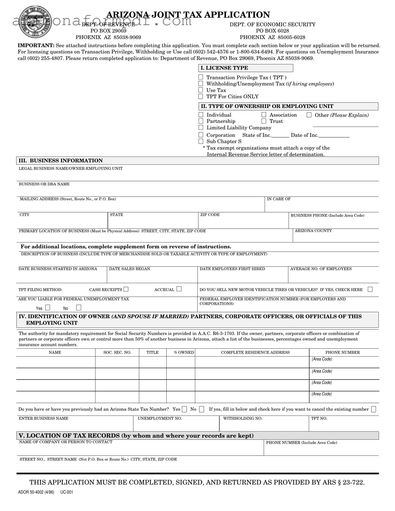 Fill Out Your Arizona Joint Tax Application Form
