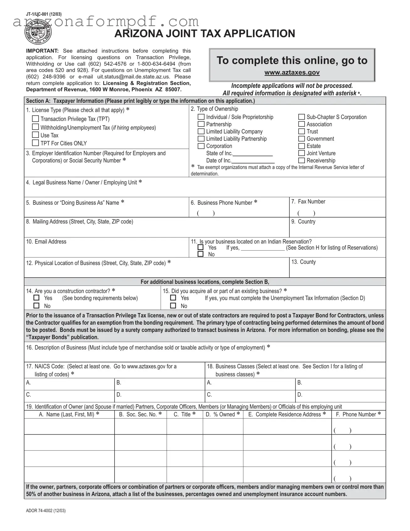 Fill Out Your Arizona Jt 1 Uc 001 Form