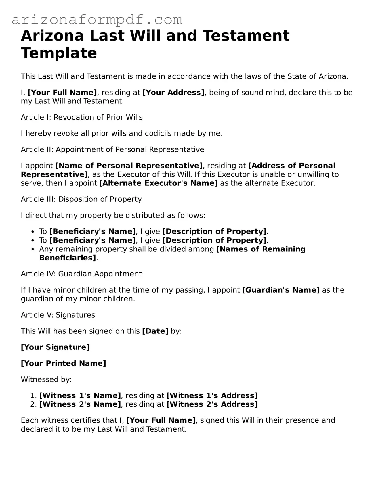 Attorney-Verified Last Will and Testament Document for the State of Arizona