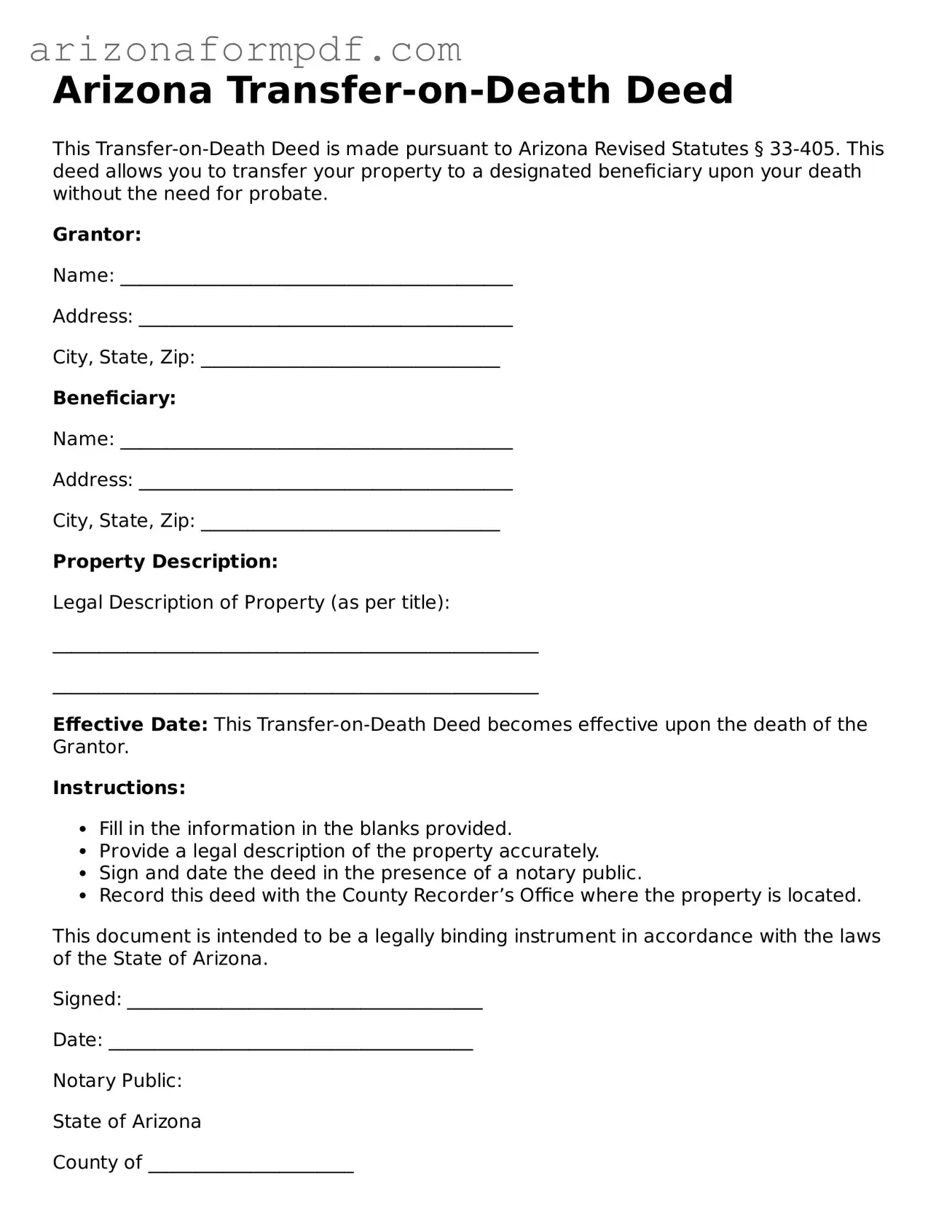 Attorney-Verified Transfer-on-Death Deed Document for the State of Arizona