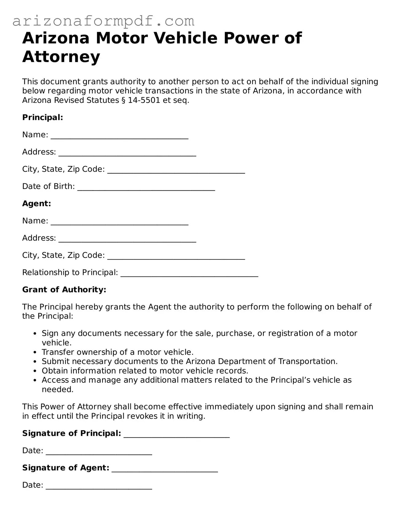 Attorney-Verified Motor Vehicle Power of Attorney Document for the State of Arizona