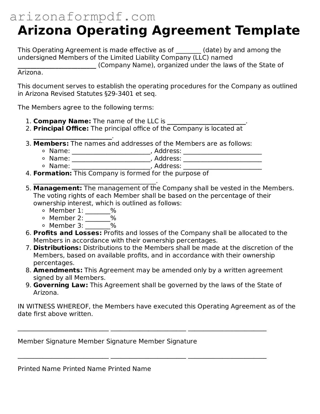 Attorney-Verified Operating Agreement Document for the State of Arizona