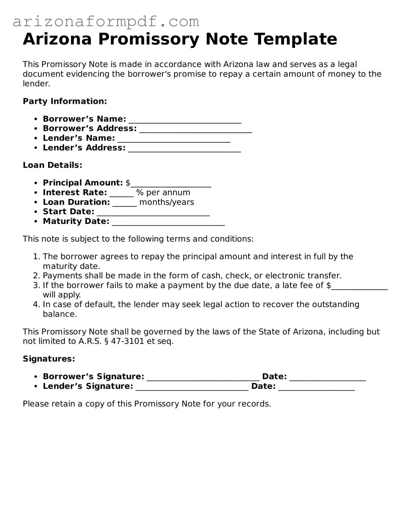 Attorney-Verified Promissory Note Document for the State of Arizona