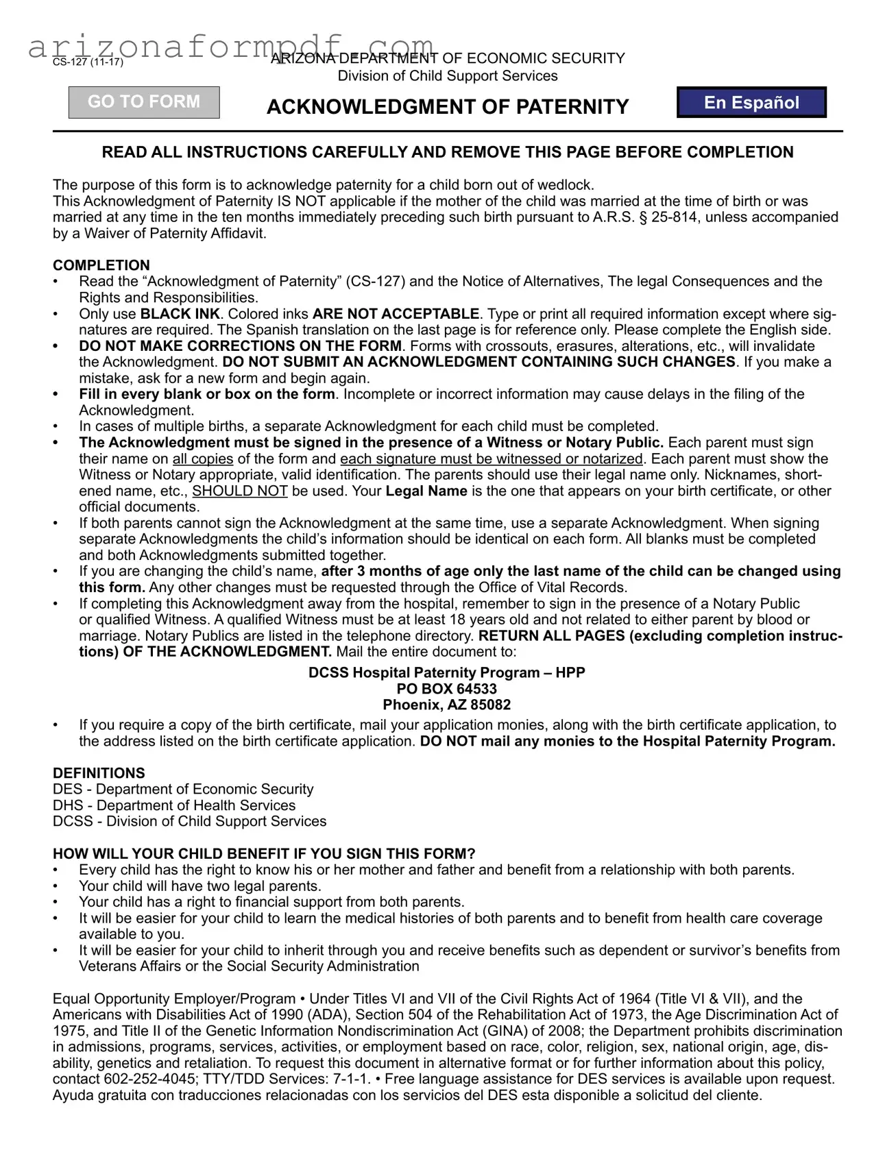 Fill Out Your Arizona Paternity Form