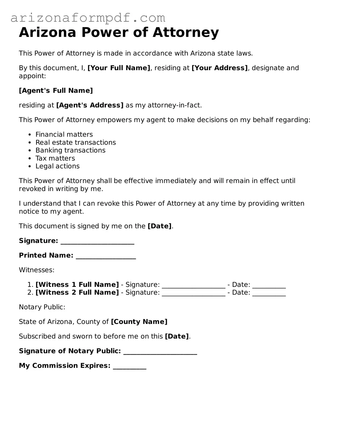 Attorney-Verified Power of Attorney Document for the State of Arizona