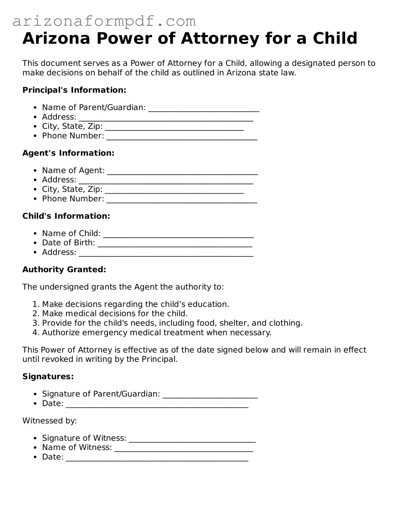 Attorney-Verified Power of Attorney for a Child Document for the State of Arizona