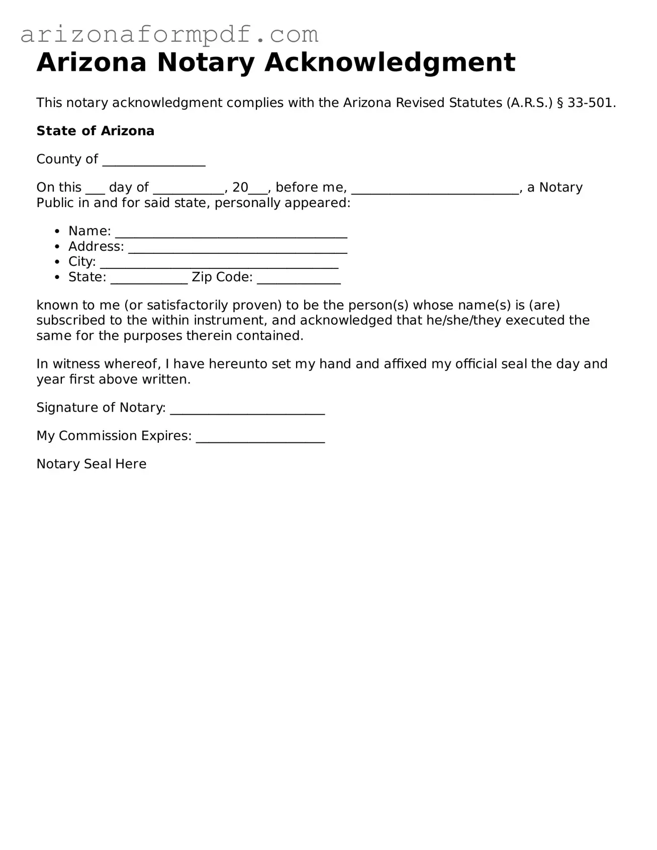 Attorney-Verified Notary Acknowledgement Document for the State of Arizona