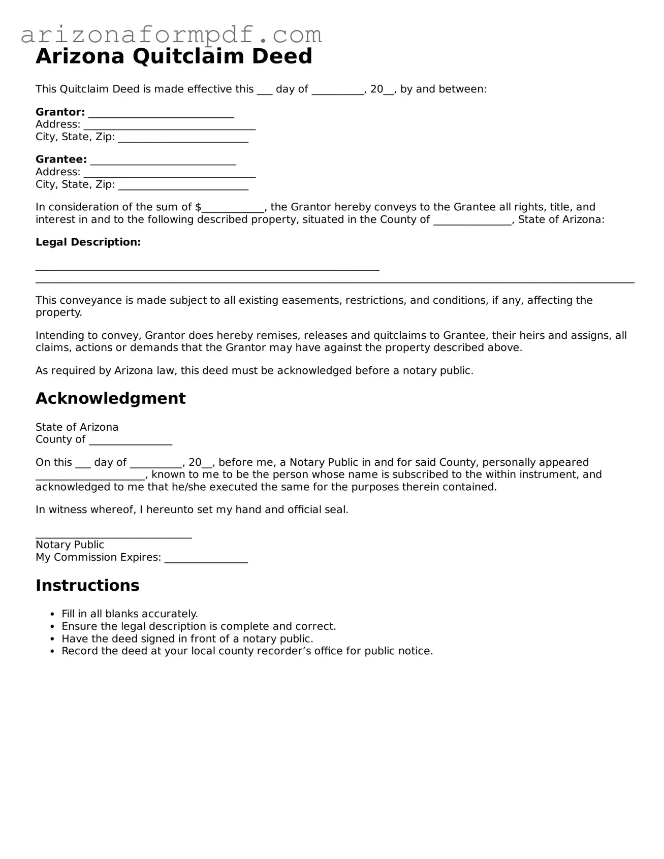 Attorney-Verified Quitclaim Deed Document for the State of Arizona
