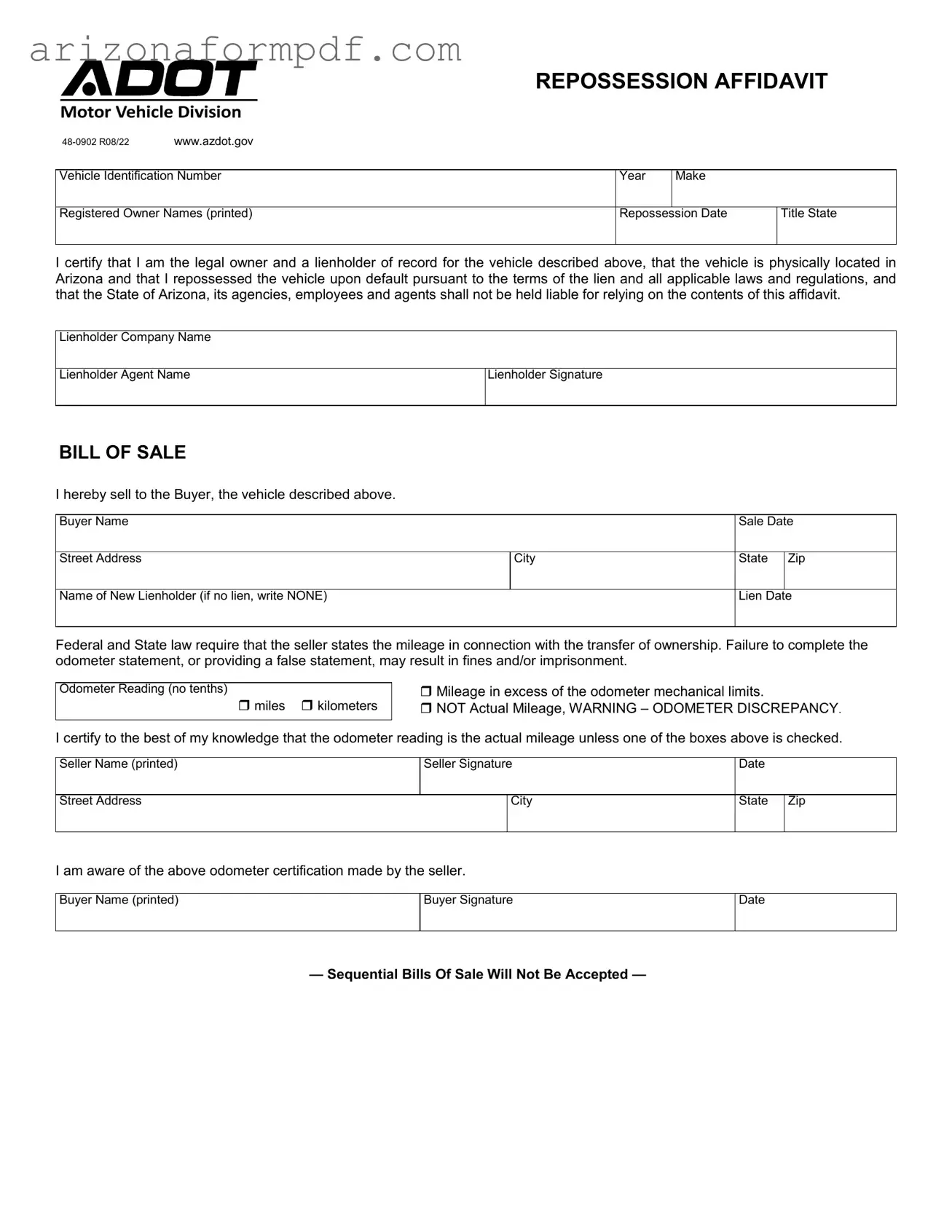 Fill Out Your Arizona Repossession Affidavit Form