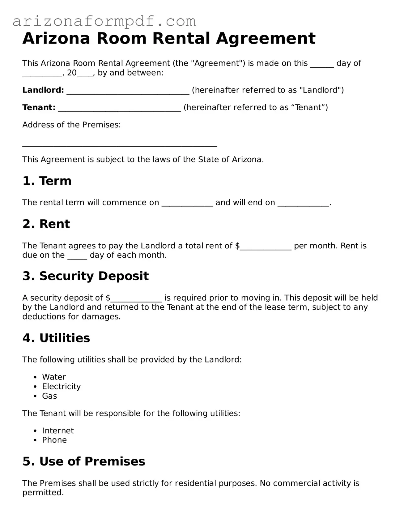 Attorney-Verified Room Rental Agreement Document for the State of Arizona